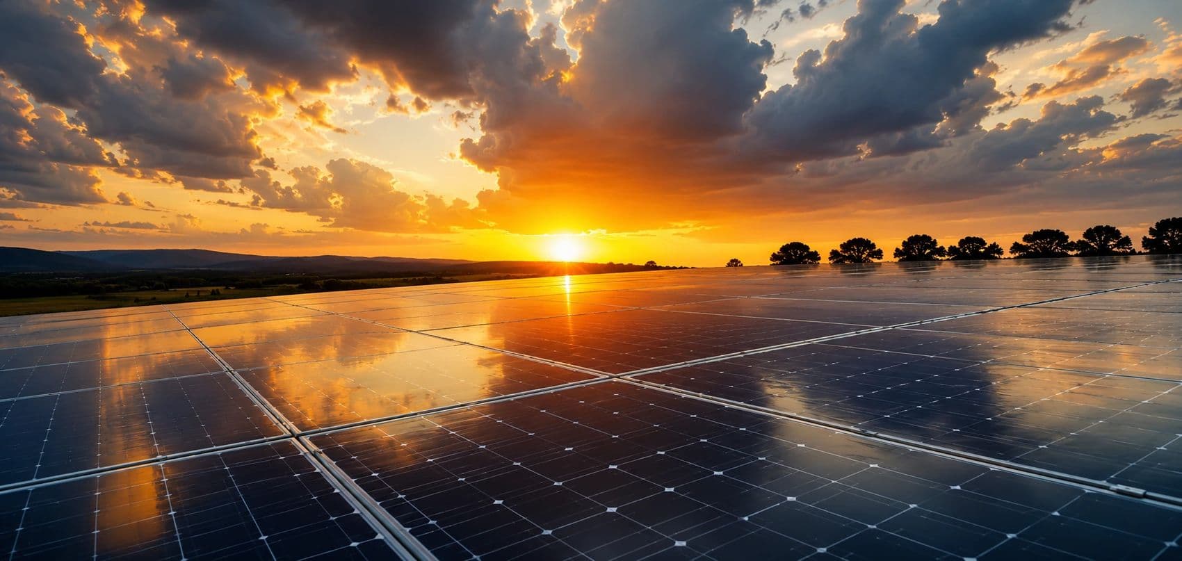 Rooftop solar array with the sun low on the horizon